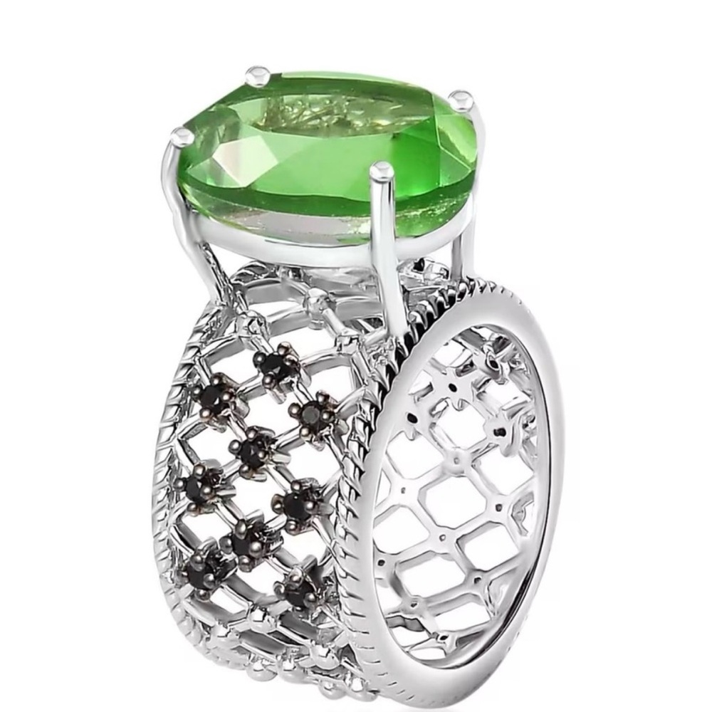 331. Chartreuse Quartz Thai Black Spinel Ring/Platinum Over Sterling - Picture 3 of 8